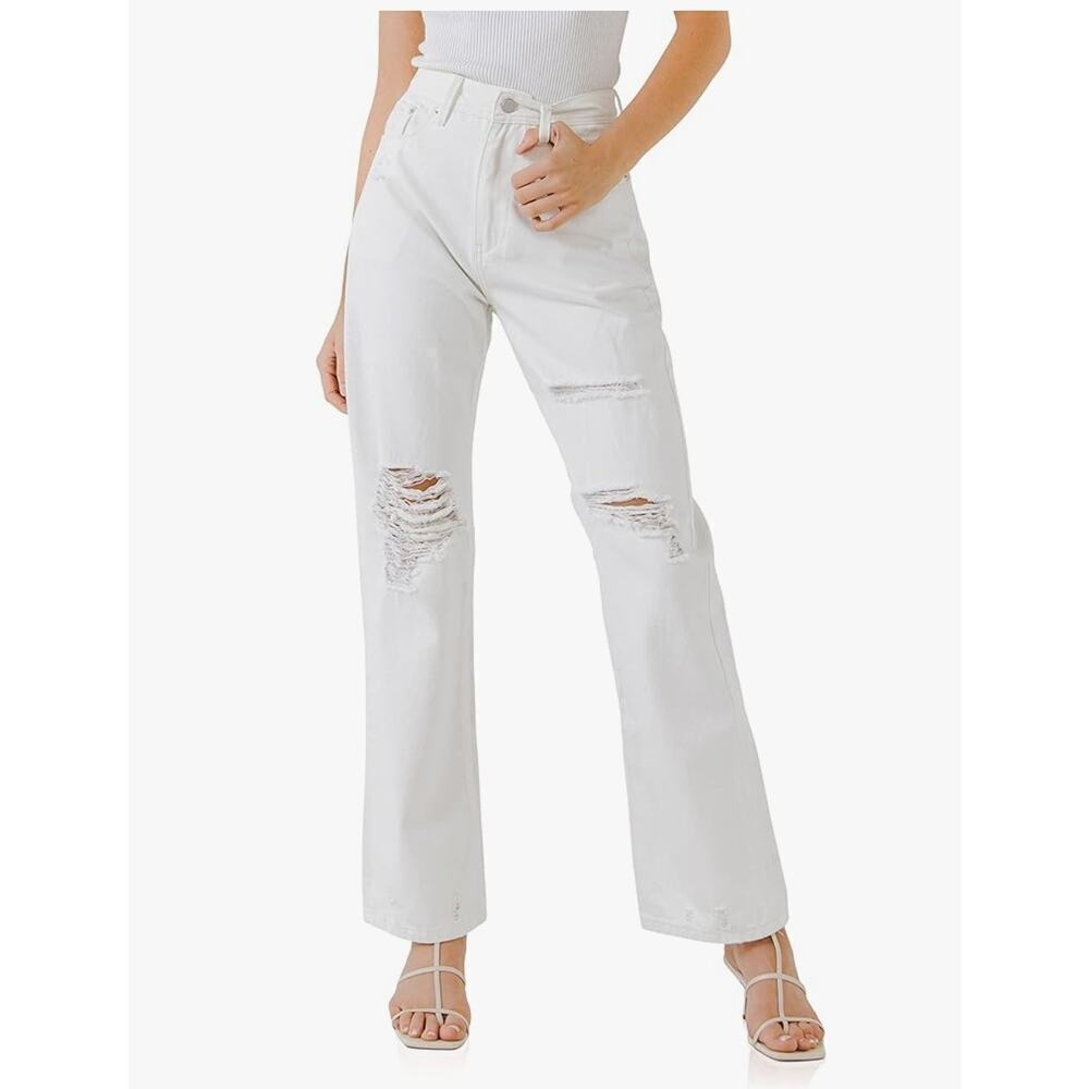 Grey Lab Hise‎ rise destroyed straight leg jeans white women's Size 27